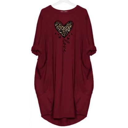 Women's spring and summer leopard print heart-shaped print casual and fashionable loose plus size long sleeved pocket dress