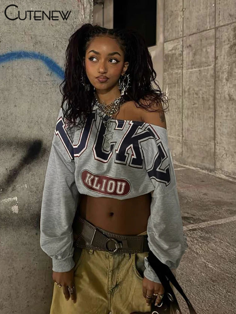 Cutenew Letter Print Women Sweatshirts Casual Incline Shoulder Full Sleeve Loose Tops Track Daily Female Streetwear New Clothing