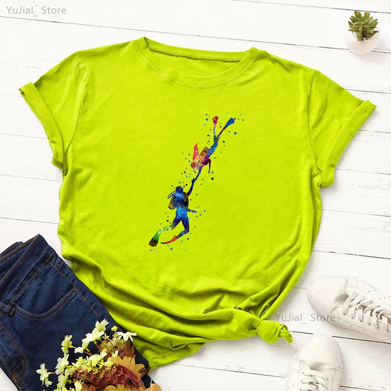 Watercolor Scuba Diving Lover Printed Sports Art Tee Shirt Femme Cute Summer Top Woman Clothes Ropa Mujer Custom Tshirt