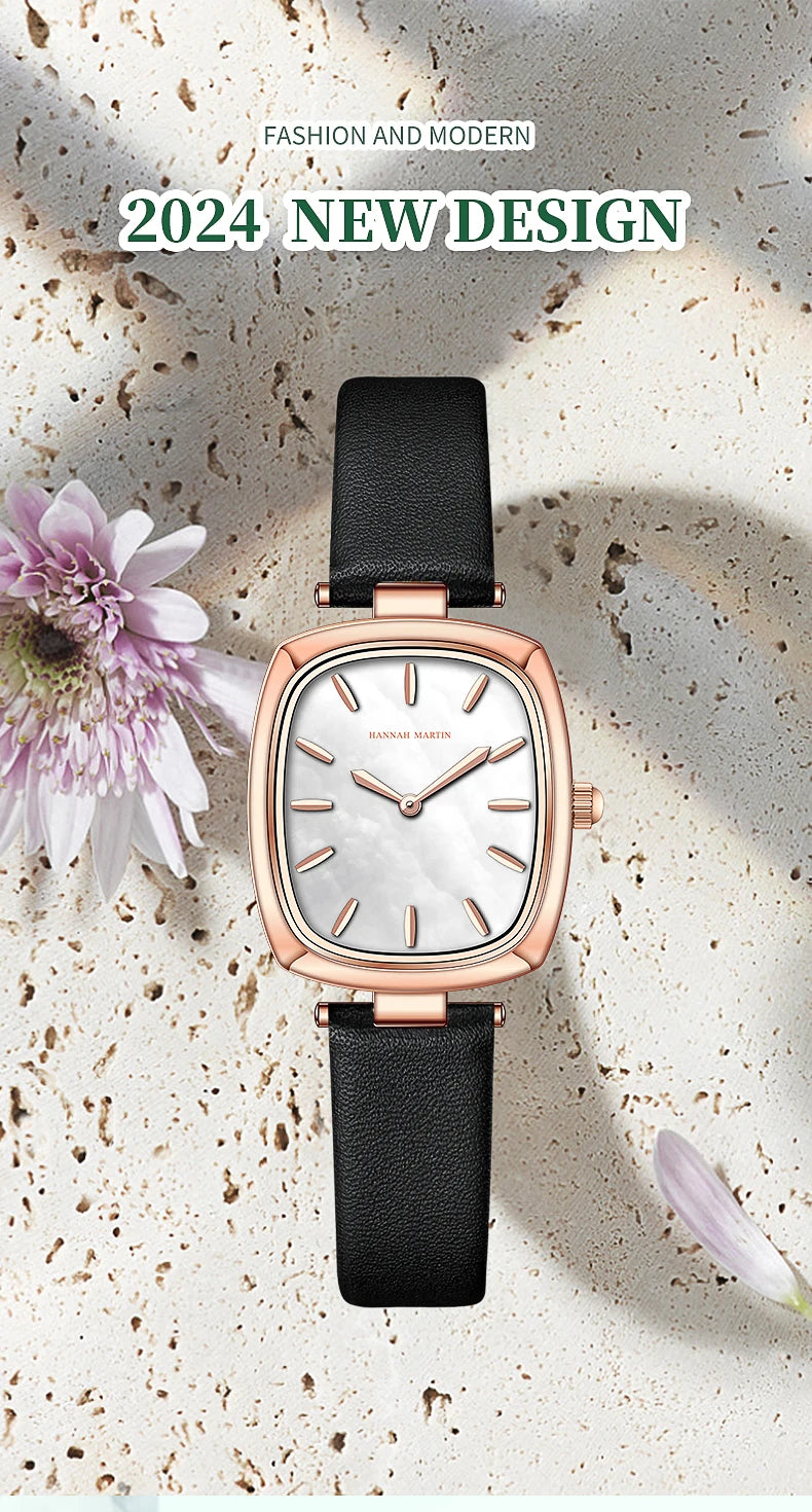 2024 New Womens Watch Hannah Martin Original Leather Rose Gold Simple Quartz Watch Top Brand 3Bar Waterproof Fashion Women Watch