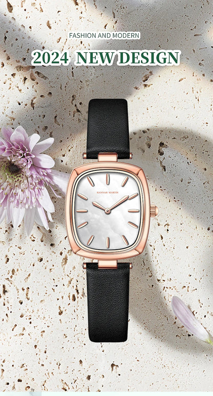 2024 New Womens Watch Hannah Martin Original Leather Rose Gold Simple Quartz Watch Top Brand 3Bar Waterproof Fashion Women Watch