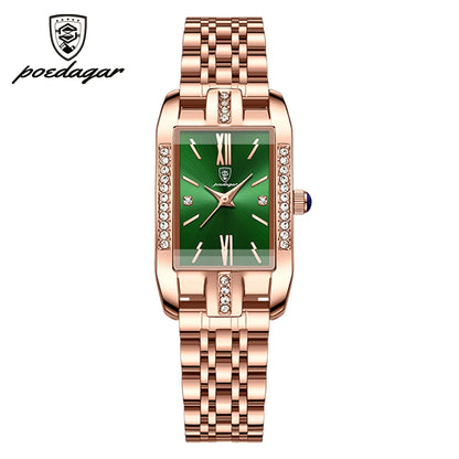 POEDAGAR Women Watch Fashion Luxury Diamond Green Dial Square Quartz Watches Stainless Steel Waterproof Ladies Wristwatch Gift