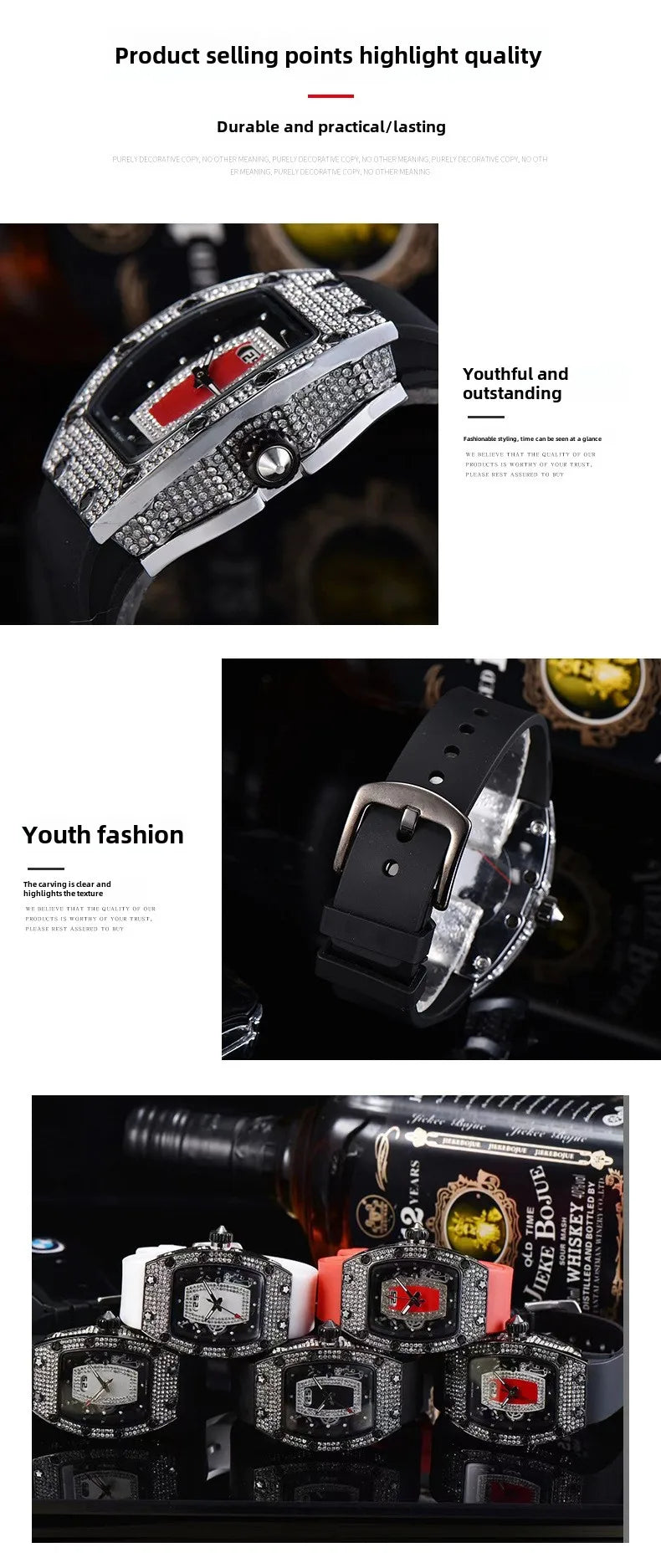 Manufacturer's spot supply, business fashion diamond-set, women's quartz watch red lip wine barrel-shaped watch