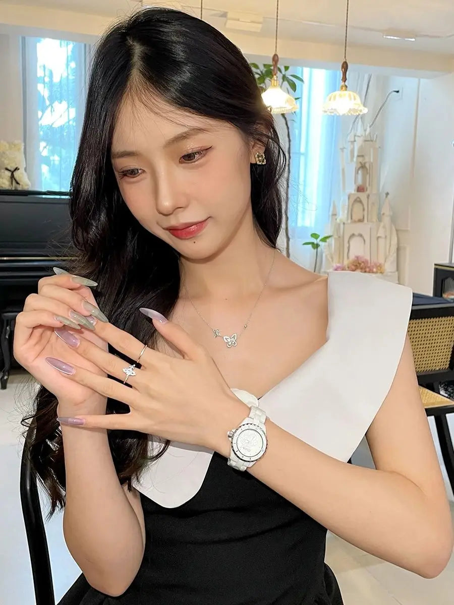 Camellia watch 2025 new women's white ceramic light luxury women's small fragrance style women's watch