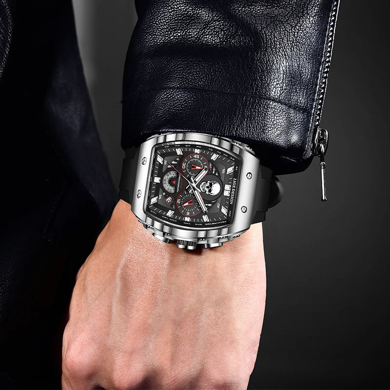 LIGE Men Watch Fashion Business Silicone Waterproof Watches for Men Military Sport Square Quartz Chronograph Relogios Masculino