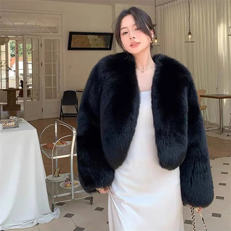 2025 Fashion Black Pink Fur Coat Women's Short Fox Fur Jacket Korean V-neck Streetwear Lady Outerwear Loose Tops Autumn Winter