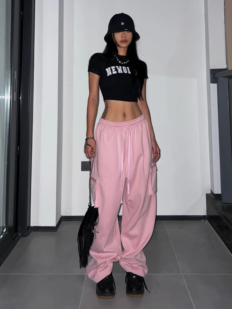 Y2K Pink Cargo Parachute Pants Oversize Hip Hop Jogging Sweatpants Egirl 90s Aesthetic Vintage Wide Leg Trousers Female