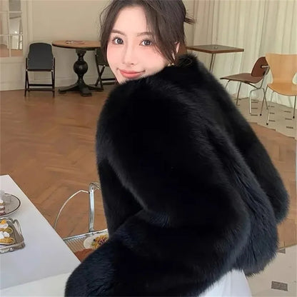 2025 Fashion Black Pink Fur Coat Women's Short Fox Fur Jacket Korean V-neck Streetwear Lady Outerwear Loose Tops Autumn Winter