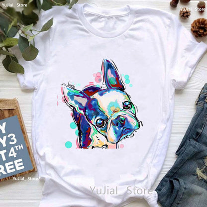 Boston Terrier Sugar Skull Animal Print T Shirt Girls Watercolor Dog Lover Tshirt Women Summer Fashion Tops Tee Shirt Femme