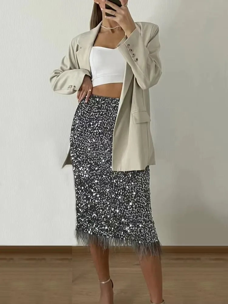 Party Holiday Women Sequined Feather Skirt 2025 Spring Fall Party Hip Skirt Slim Festival Female Chic Bottoms C-214