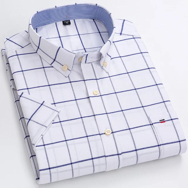 Men's Oxford Short Sleeve Square Collar Soild Plaid Striped Summer Casual Shirts Single Pocket Comfortable Cotton Shirt