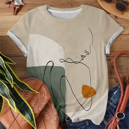 Rice Green Abstract Line Art Women's T-shirt Simple Casual Fashion Summer Round Neck Short Sleeve