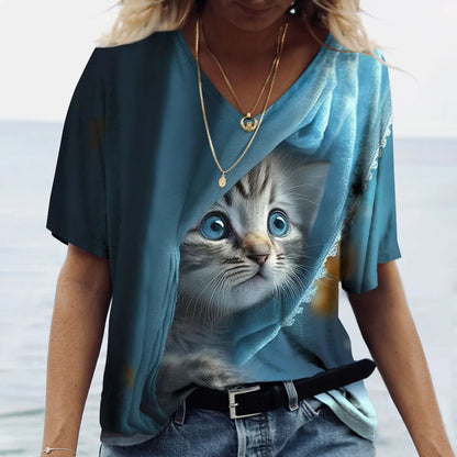 Fashion Women's T-shirt Cat Print Short Sleeve Clothes Female Harajuku Tees Ladies T Shirt Oversized Tops Animal Women Clothing
