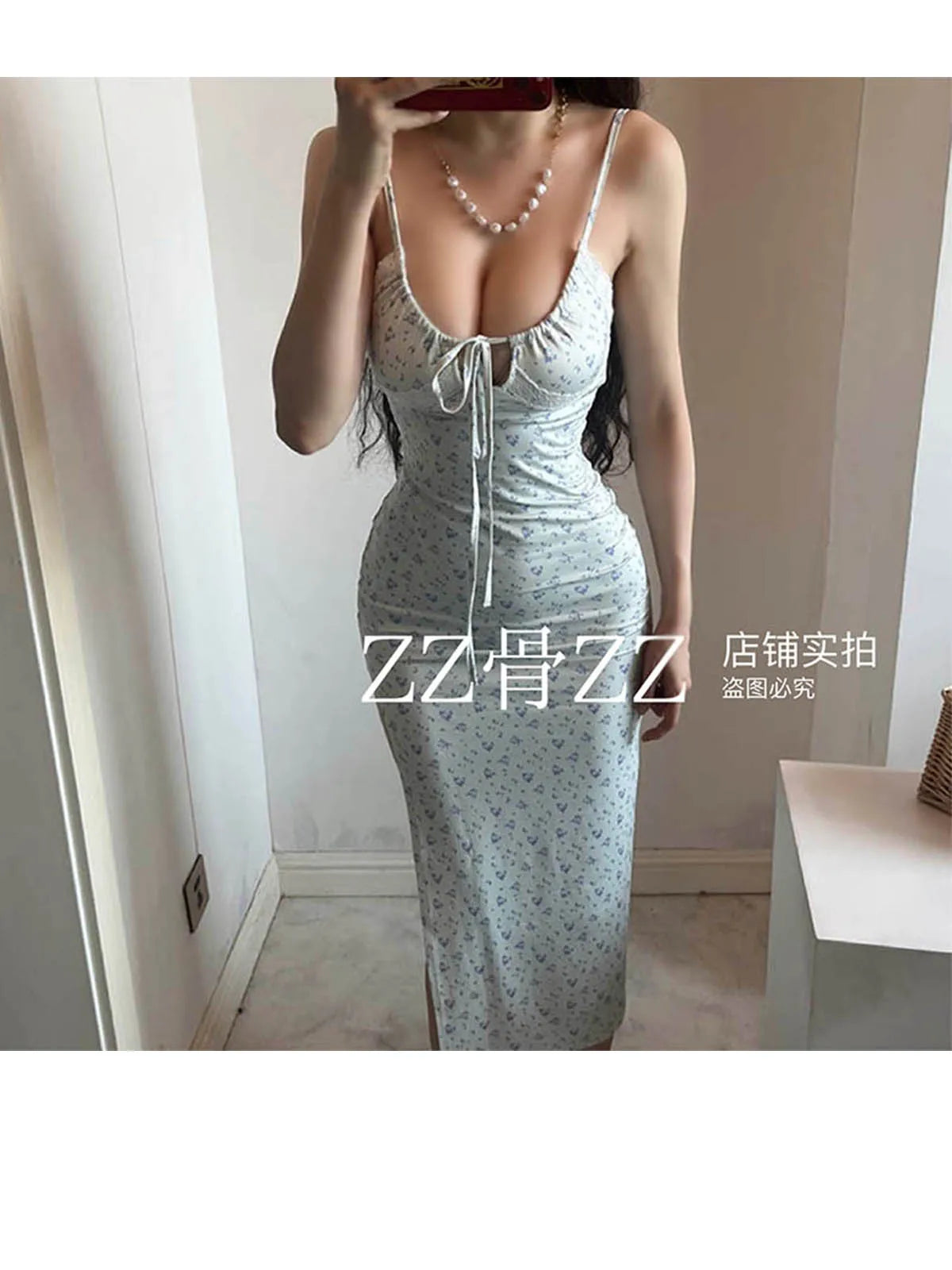 French Elegant Beach Vacation Style Print Side Split Print Dress With Hanging Strap Long Dress Robe Fashion Sweet 2024 New L7M4
