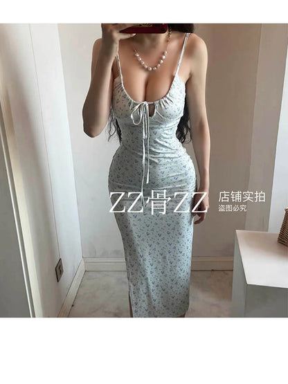 French Elegant Beach Vacation Style Print Side Split Print Dress With Hanging Strap Long Dress Robe Fashion Sweet 2024 New L7M4