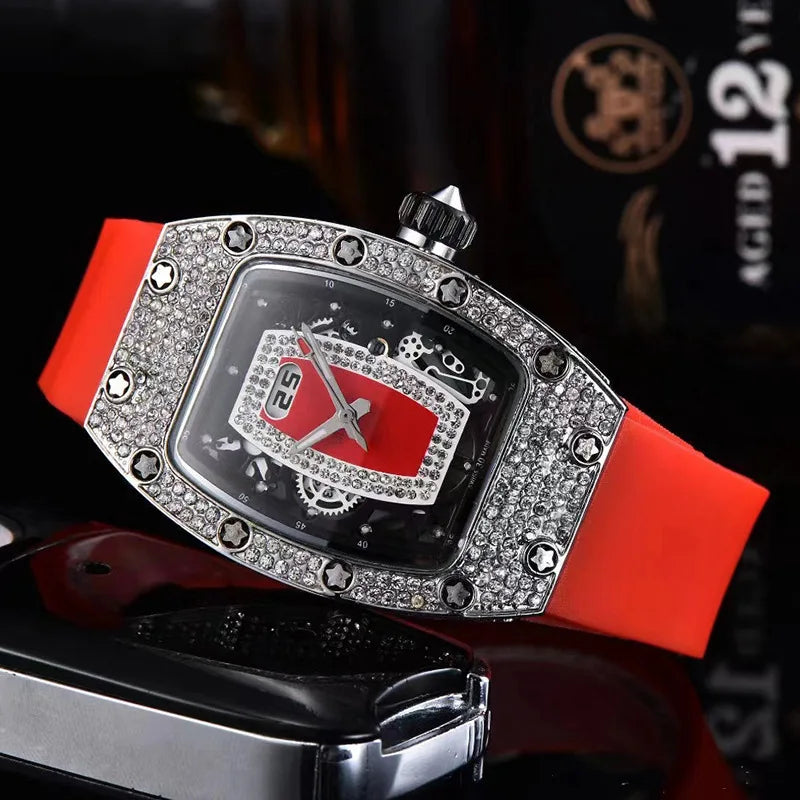 Manufacturer's spot supply, business fashion diamond-set, women's quartz watch red lip wine barrel-shaped watch