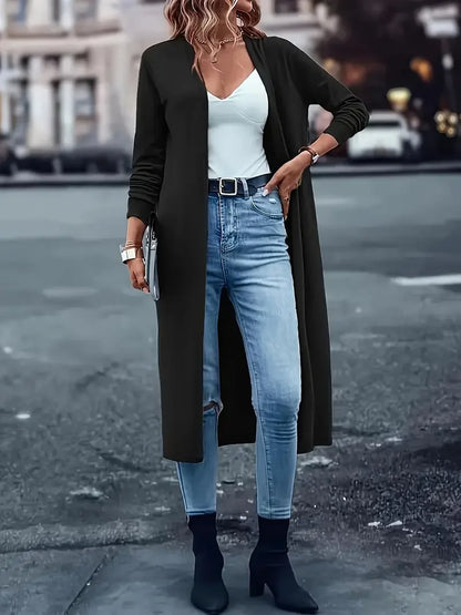 Plus Size 1XL-5XL Women's Fashion  Long Sleeve Open Front Cardigan Ladies Casual Chic  Buttonless Solid Color Coat