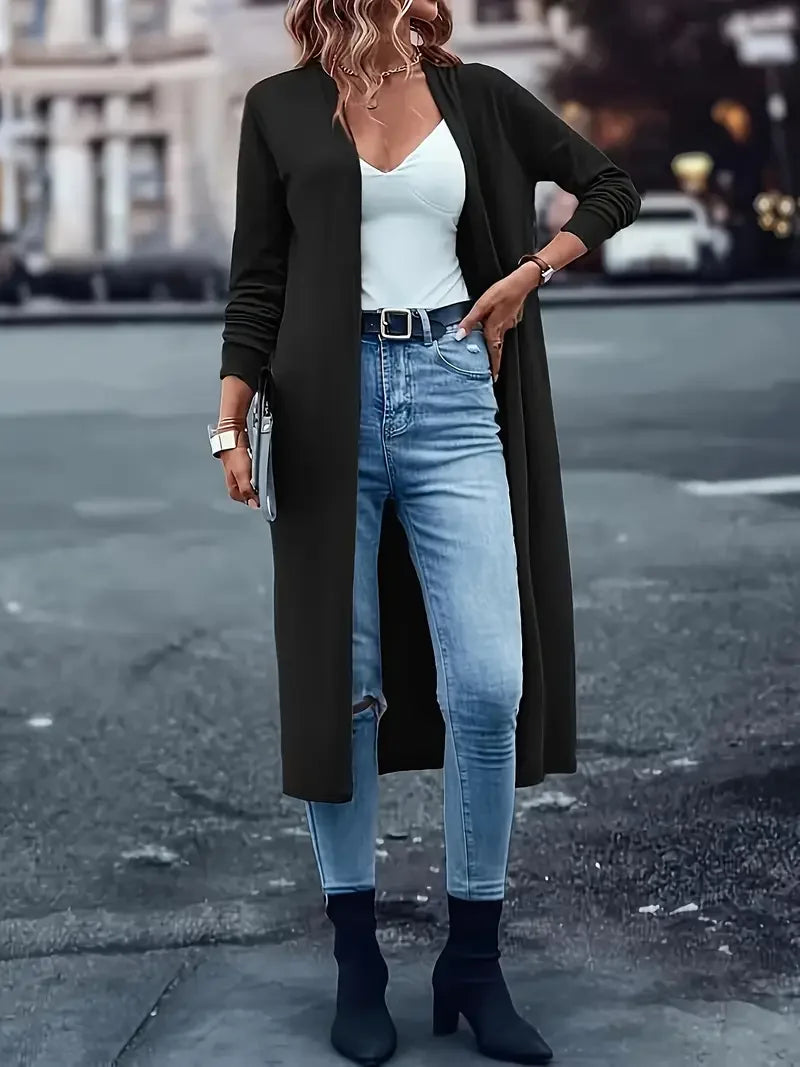 Plus Size 1XL-5XL Women's Fashion  Long Sleeve Open Front Cardigan Ladies Casual Chic  Buttonless Solid Color Coat