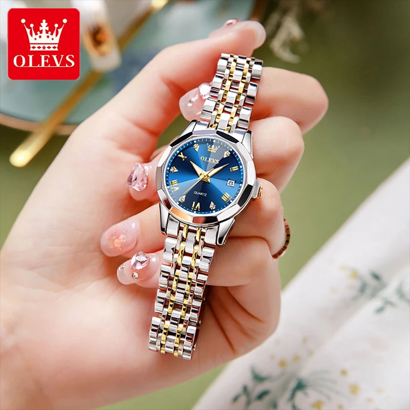 OLEVS Fashion Luxury Golden Watch For Women Stainless Steel Wristwatch Elegant Rhombus Quartz Waterproof Women's Watches Reloj