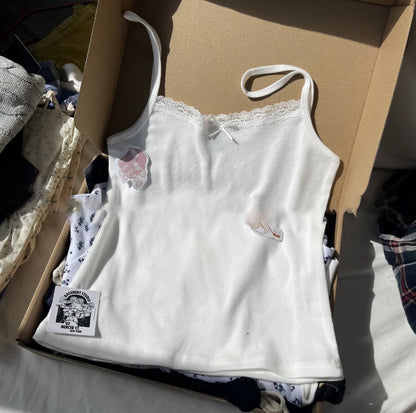 Retro Patchwork Ribbed Cotton Tops Women Summer Sweet Ruffle Square Collar Sleeveless Bow Camis Vintage Chic Slim Crop Top 2024