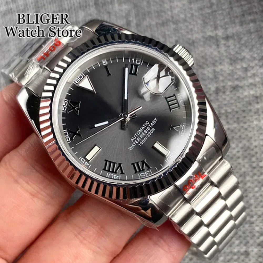 36mm 39mm Sunburst Grey Dial Dark Green Roman Numbers Diving NH35 Automatic Men Watch Stainless Steel Strap Sapphire Glass