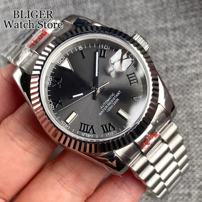 36mm 39mm Sunburst Grey Dial Dark Green Roman Numbers Diving NH35 Automatic Men Watch Stainless Steel Strap Sapphire Glass