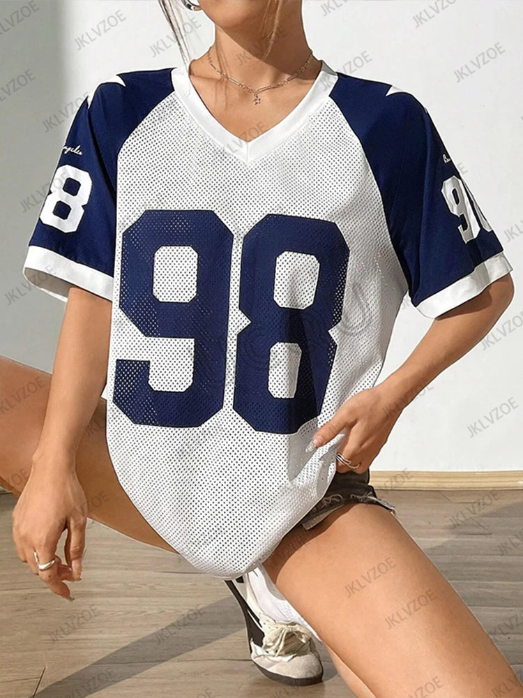 Summer New Pink White No.98 Print T-Shirt For Women V-Neck Patchwork Short Sleeve Mesh Sports Football Jersey Y2K Oversized Tops