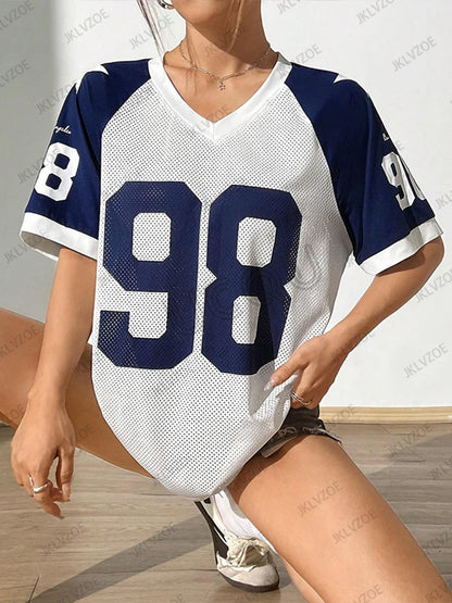 Summer New Pink White No.98 Print T-Shirt For Women V-Neck Patchwork Short Sleeve Mesh Sports Football Jersey Y2K Oversized Tops