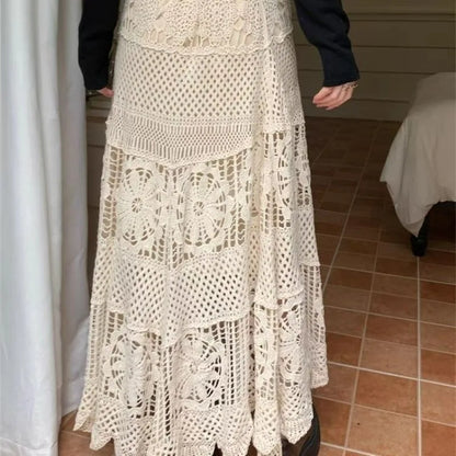 Bohemian Style Hollow Out Crochet Gentle Elastic Waist A-word Skirt 2025 New Lace High Waist Thin Hip-wrapped Skirt