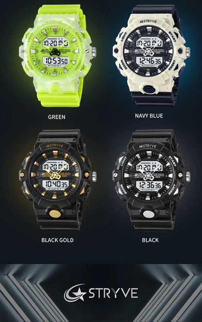 STRYVE Top Brand Electronic Watch For Men Outdoor Sports Waterproof Dual Time Display Quartz Wristwatches Rubber reloj hombre