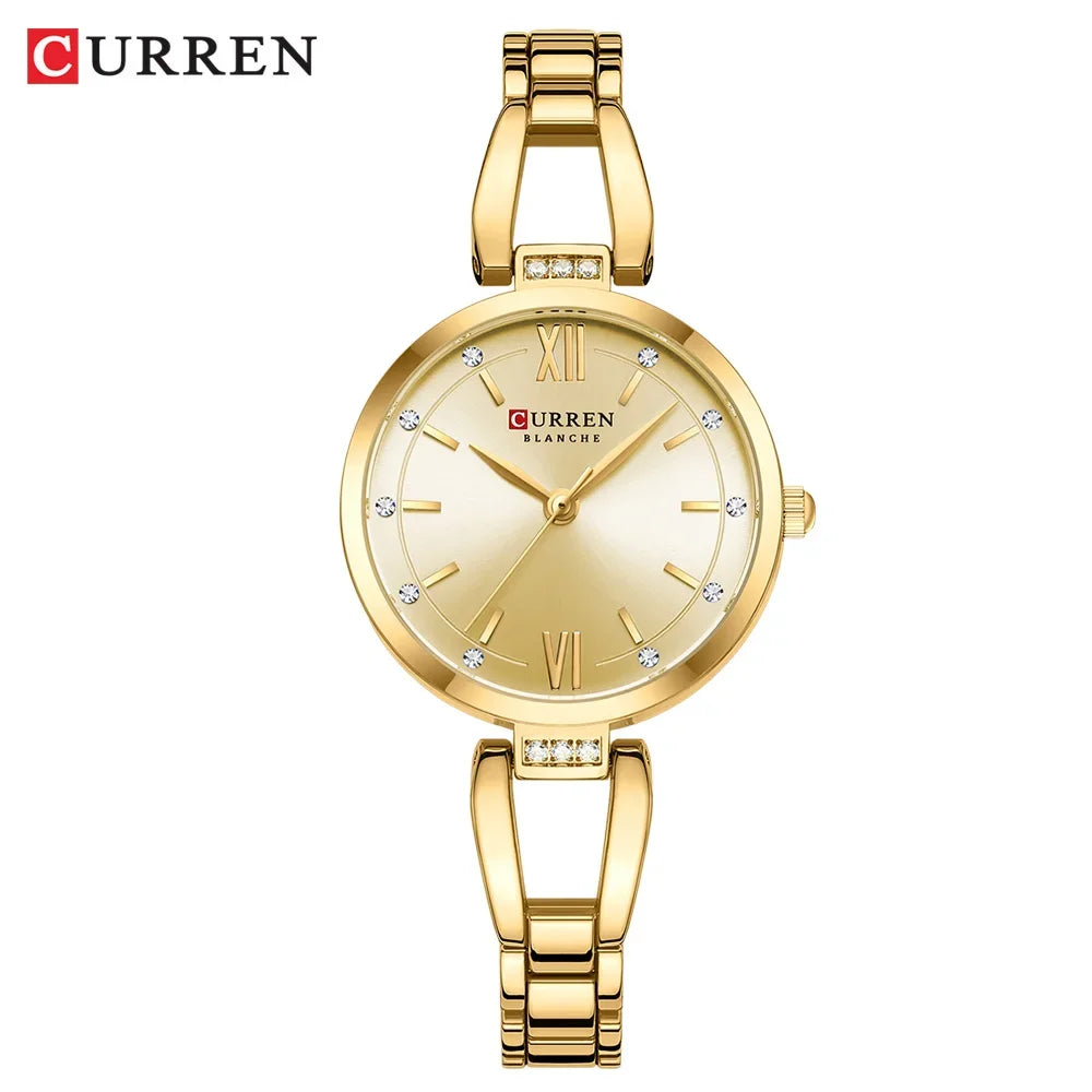 CURREN Luxury Elegance Ladies Watch with Sparkling Rhinestones Simple Quartz Stainless Steel Bracelet Wristwatch