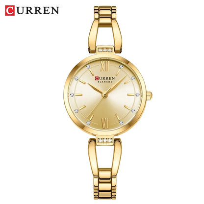 CURREN Luxury Elegance Ladies Watch with Sparkling Rhinestones Simple Quartz Stainless Steel Bracelet Wristwatch