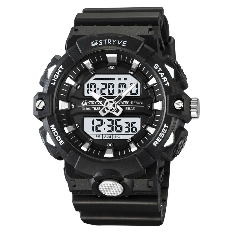 STRYVE Top Brand Electronic Watch For Men Outdoor Sports Waterproof Dual Time Display Quartz Wristwatches Rubber reloj hombre