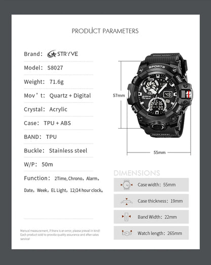 STRYVE Top Brand Electronic Watch For Men Outdoor Sports Waterproof Dual Time Display Quartz Wristwatches Rubber reloj hombre