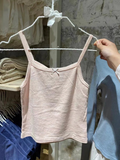 Retro Patchwork Ribbed Cotton Tops Women Summer Sweet Ruffle Square Collar Sleeveless Bow Camis Vintage Chic Slim Crop Top 2024