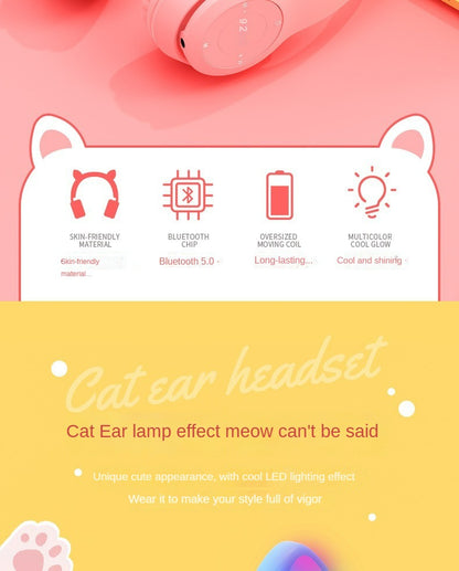 Wireless Headphones Cat Ear Bluetooth-Compatible Helmets Stereo Bass Over-Ear Headsets Sports Headphones for Kids and Adult