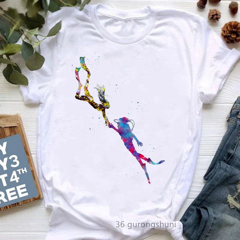Watercolor Scuba Diving Lover Printed Sports Art Tee Shirt Femme Cute Summer Top Woman Clothes Ropa Mujer Custom Tshirt