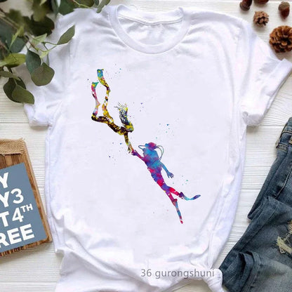 Watercolor Scuba Diving Lover Printed Sports Art Tee Shirt Femme Cute Summer Top Woman Clothes Ropa Mujer Custom Tshirt