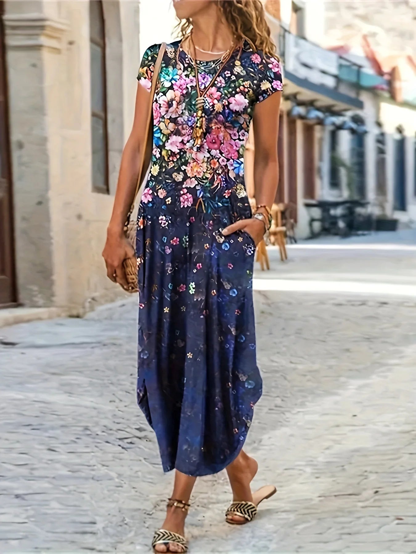 Women's Summer New Casual Fashion Printed Pocket Dress Women's Mid length Dress