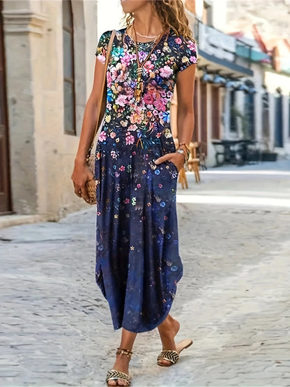 Women's Summer New Casual Fashion Printed Pocket Dress Women's Mid length Dress