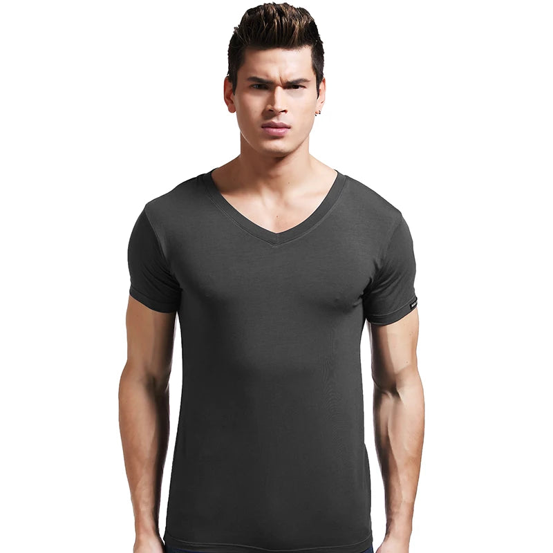 Modal summer round neck tight men's short sleeve V-neck T-shirt solid color vest T-shirt slim-fit sports undershirt