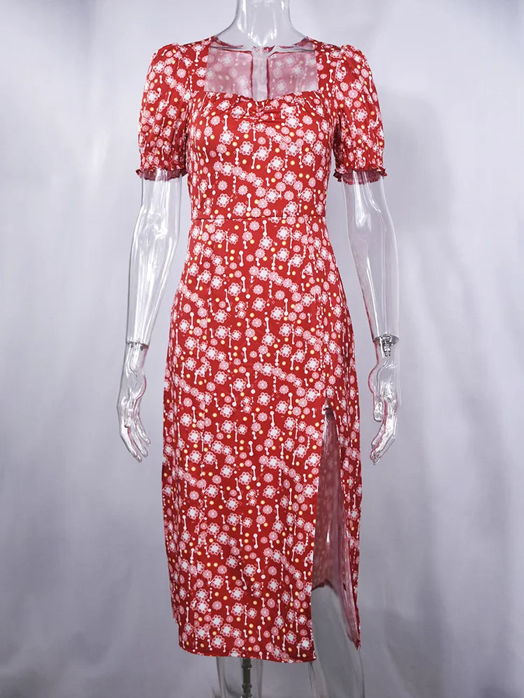Summer Women's Red Puffed Sleeve Floral Dress,Beach Dresses For Women,Fashion Summer Dresses 2024,Womans Clothing,Long Dresses