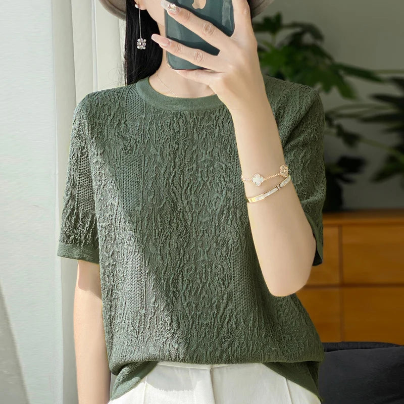Women's T-shirt Summer Worsted Wool Sweater Short Sleeve Casual Solid Color Ladies' Clothes Round Neck Tops Loose Blouse