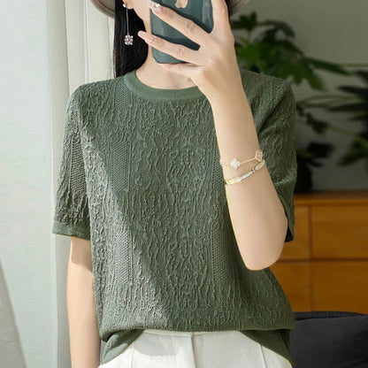 Women's T-shirt Summer Worsted Wool Sweater Short Sleeve Casual Solid Color Ladies' Clothes Round Neck Tops Loose Blouse