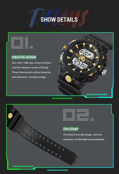 STRYVE Top Brand Electronic Watch For Men Outdoor Sports Waterproof Dual Time Display Quartz Wristwatches Rubber reloj hombre