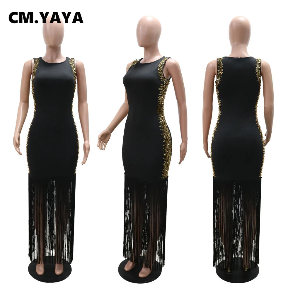 CM.YAYA Fall Diamonds Hot Rhinestones Tassel O-neck Women Sleeveless Bodycon Long Dress Birthday Party Evening Prom Maxi Dresses