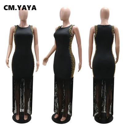 CM.YAYA Fall Diamonds Hot Rhinestones Tassel O-neck Women Sleeveless Bodycon Long Dress Birthday Party Evening Prom Maxi Dresses