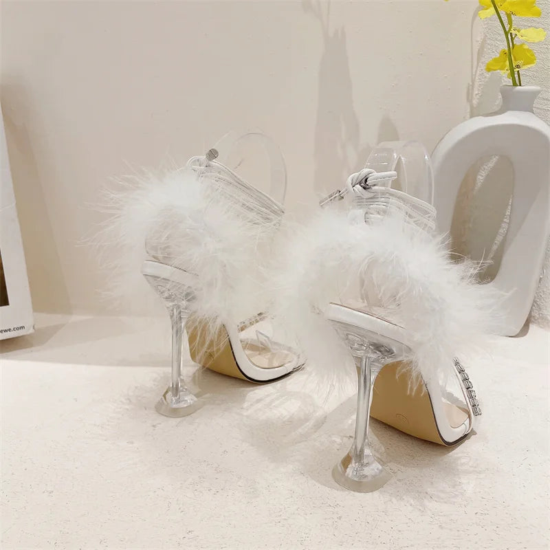 Liyke New Design Crystal Womens Sandals Fashion Fuzzy Feather Summer Transparent High Heels Sexy Party Banquet Shoes Blue White