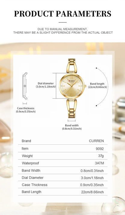 CURREN Luxury Elegance Ladies Watch with Sparkling Rhinestones Simple Quartz Stainless Steel Bracelet Wristwatch