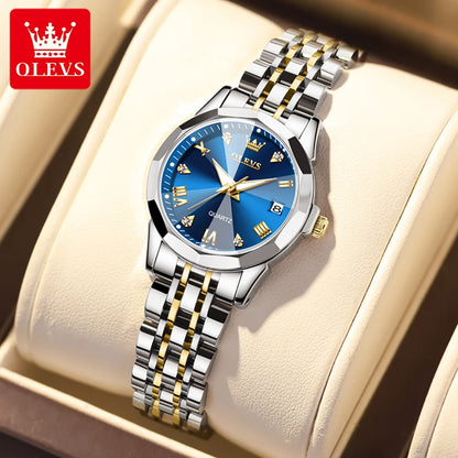 OLEVS Fashion Luxury Golden Watch For Women Stainless Steel Wristwatch Elegant Rhombus Quartz Waterproof Women's Watches Reloj
